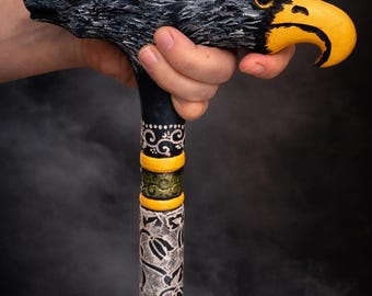 Bastone da passeggio con lupo e aquila a doppia testa – Intagliato a mano – Regalo per lui