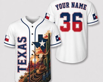 Custom Texas Baseball Jersey, Personalized Your Name Number 36 Tee, Longhorn Skull Cowboy Hat Graphic Apparel