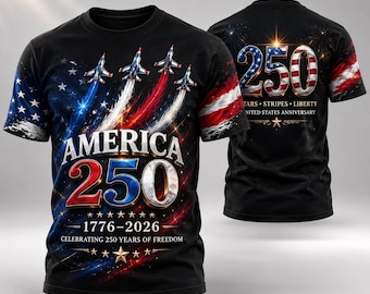 America 250 All Over Print Unisex T Shirt, Celebrating 250 Years Of Freedom Tee, Metallic United States Anniversary Apparel