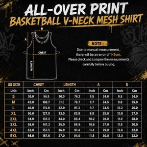 May include: A black and gold sizing chart for an all-over print basketball V-neck mesh shirt. The graphic includes a line drawing of the shirt with labeled dimensions and a table listing US sizes from S to 5XL with chest and length measurements.