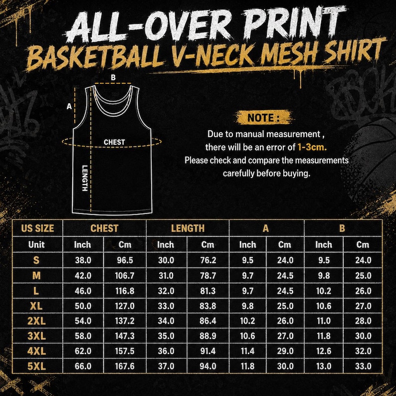 May include: A black and gold sizing chart for an all-over print basketball V-neck mesh shirt. The graphic includes a line drawing of the shirt with labeled dimensions and a table listing US sizes from S to 5XL with chest and length measurements.