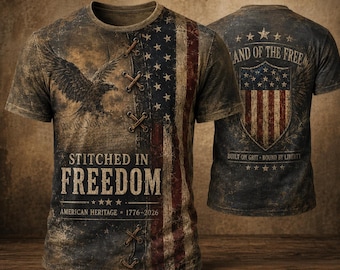 Stitched In Freedom All Over Print Unisex T Shirt, American Heritage 1776 2026 Tee, Land Of The Free Built On Grit Apparel