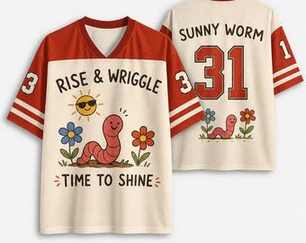 Rise And Wriggle Sunny Worm Mesh Football Jersey, Time To Shine Streetwear Shirt, Cream Terracotta Orange Graphic Tee