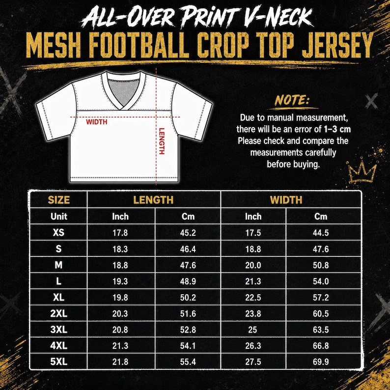 May include: A white V-neck mesh football crop top jersey diagram with a sizing chart. The chart lists lengths and widths in inches and centimeters for sizes XS through 5XL, noting a potential 1-3 cm measurement error for the garment.