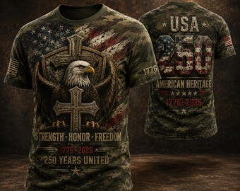 Strength Honor Freedom All Over Print Unisex T Shirt, 250 Years United Independence Tee, Christian Cross Bald Eagle American Flag Apparel