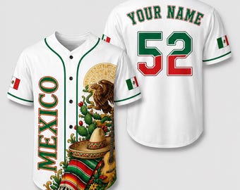 Custom Mexico Baseball Jersey, Personalized Your Name Number 52 Tee, Eagle Cactus Sombrero Hat Graphic Apparel