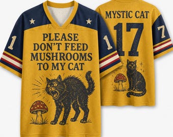 Please Don't Feed Mushrooms To My Cat Mesh Football Jersey, Funny Meme Streetwear Shirt, Mustard Yellow Navy Blue Graphic Tee