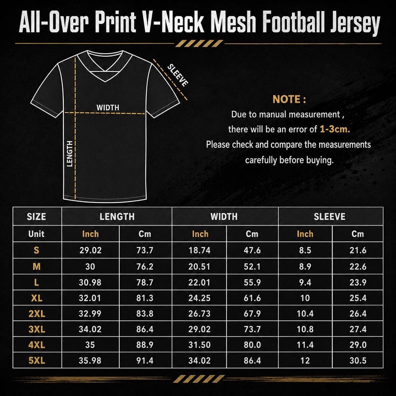May include: A black and white sizing chart for an all-over print V-neck mesh football jersey. The graphic displays a jersey outline with length, width, and sleeve measurements, alongside a table listing sizes S through 5XL in inches and centimeters.