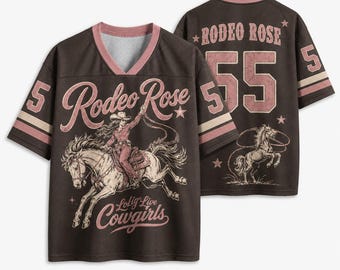 Rodeo Rose Long Live Cowgirls Mesh Football Jersey, Vintage Western Streetwear Shirt, Dark Brown Dusty Pink Graphic Tee