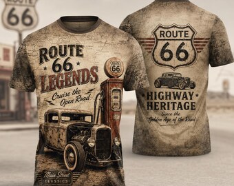 Highway Heritage All Over Print Unisex T Shirt, Cruise The Open Road Mother Road Tee, Main Street Classics Hot Rod Apparel
