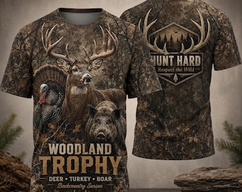 Woodland Trophy All Over Print Unisex T Shirt, Hunt Hard Respect The Wild Tee, Deer Turkey Boar Backcountry Season Apparel