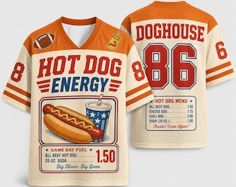 Hot Dog Energy Doghouse Mesh Football Jersey, Vintage Fast Food Diner Streetwear Shirt, Cream Orange Game Day Fuel Graphic Tee