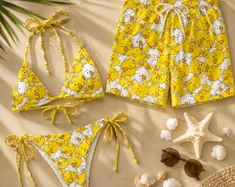 Yellow Duck Matching Swimwear, Couples String Bikini Set, Cute Rubber Duck Bathing Suit, Funny Beachwear Swim Shorts Honeymoon