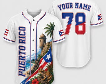 Custom Puerto Rico Baseball Jersey, Personalized Your Name Number 78 Tee, Tropical Coqui Frog Fort Tower Graphic Apparel