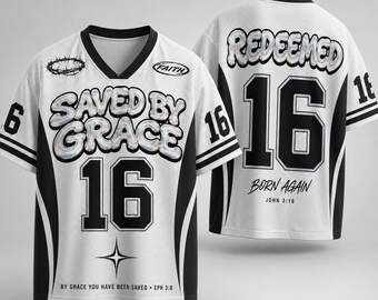 Saved By Grace メッシュフットボールジャージ、Redeemed John 316 クロームバブルシャツ、Christian Faith Y2K Star アクティブウェア