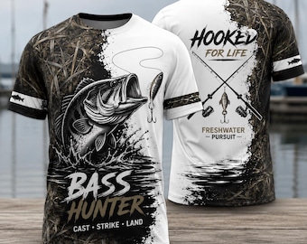 Bass Hunter All Over Print Unisex T Shirt, Hooked For Life Fisherman Tee, Cast Strike Land Fishing Apparel, Largemouth Bass Fishing Outfits