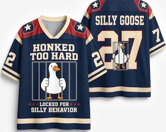 Honked Too Hard Silly Goose Mesh Football Jersey, Funny Jail Meme Streetwear Shirt, Navy Blue Crimson Red Graphic Tee
