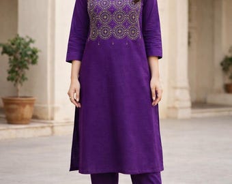 Conjunto de kurta de algodón morado con dupatta / Traje étnico indio para mujer / Salwar kameez bordado