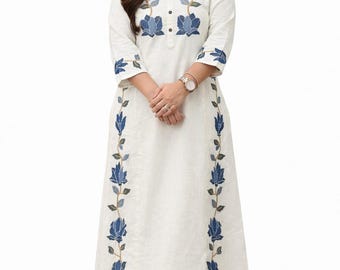 Conjunto de kurta blanca con bordado floral para mujer / Elegante atuendo étnico de algodón / Conjunto de kurti indio