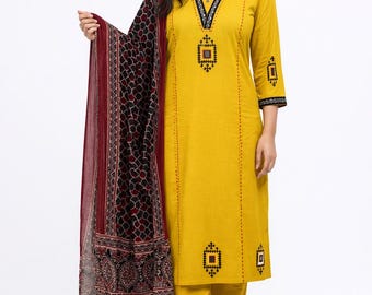 Conjunto de traje pakistaní amarillo mostaza / Kurta bordada con dupatta estampada / Ropa étnica india