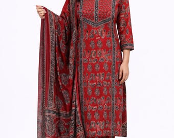 Conjunto de kurta con estampado Ajrakh rojo para mujer / Traje tradicional indio con dupatta / Ropa étnica