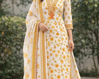 Conjunto de kurta india con estampado de bloques a mano / Traje salwar de algodón floral / Atuendo para bodas y fiestas para mujer
