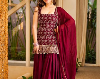 Conjunto de traje palazzo de georgette sintético bordado, Kurti Dupatta para fiestas festivas indias
