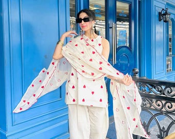 Conjunto de kurta de algodón blanco, bordado de corazón, traje palazzo sin mangas, atuendo étnico de verano.