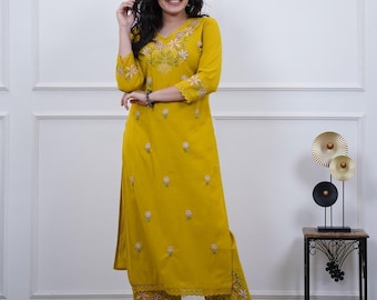 Conjunto de kurta bordado en amarillo mostaza para mujer / Ropa étnica de algodón indio / Traje palazzo floral