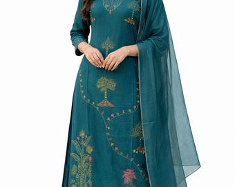 Blauwgroen geborduurde katoenen Kurti-broek dupatta-set | Indiaas pak met bloemenhandwerk | kurti . voor dagelijks gebruik