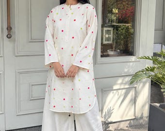 Conjunto Kurti Palazzo de algodón bordado / Conjunto de verano para estar en casa