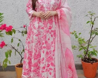 Conjunto de traje Anarkali floral rosa / Vestido étnico para mujer con dupatta / Ropa festiva india