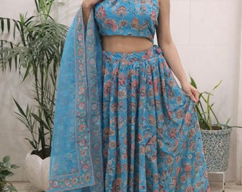 Blue Organza Floral Lehenga Choli Set - Halter Neck Designer Blouse - Indian Ethnic Wear for Women - Wedding Guest Outfit - Summer Festive D