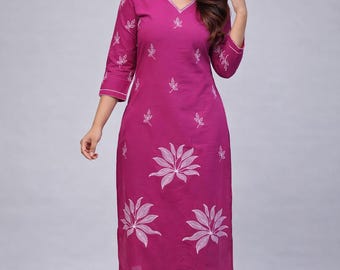 Conjunto de kurta étnica para mujer / Kurti rosa recto con pantalones / Moda india minimalista con estampado floral