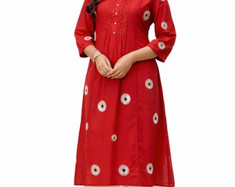 Conjunto de Kurti rojo bordado con flores / Palazzo y Dupatta de algodón indio / Kurti de Jaipur