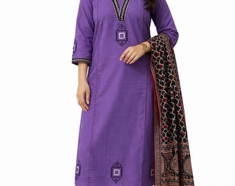 Conjunto de traje pakistaní morado para mujer / Kurta bordada con dupatta / Ropa étnica elegante