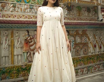 Conjunto de kurta Anarkali de algodón puro, bordado con espejos, ropa étnica para la oficina.