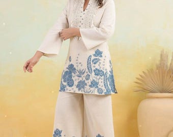 Conjunto de algodón flameado para mujer / Elegante kurti bordado con palazzo / Ropa étnica cómoda y elegante