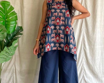 Conjunto de kurta palazzo de algodón sin mangas, ropa de estar por casa de corte étnico en A.