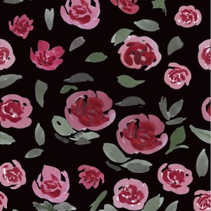 May include: A repeating watercolour floral pattern. Pink and red roses with green leaves are set against a black background. The design features stylized flowers and foliage, creating a classic and elegant aesthetic.