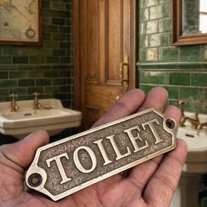 Vintage Brass Toilet Sign Antique Style Restroom Door Plaque - Solid Brass Bathroom Victorian Style Washroom Plate Farmhouse Door Hardware