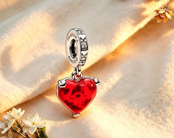 ディズニー ミッキー＆ミニーマウス キス レッド ムラーノガラス チャーム、ブレスレットまたはネックレス用チャーム、925スターリングシルバーチャーム、パンドラ互換チャーム