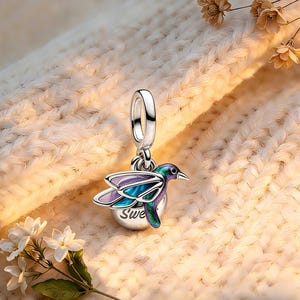 Ciondolo doppio a forma di colibrì, ideale per braccialetti o collane, in argento sterling 925, perfetto come regalo e compatibile con Pandora.