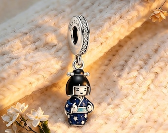 Japanese Doll in Blue Kimono Charm Pendant, Charm for Bracelet or Necklace, 925 Sterling Silver Charm, Best Gifts, Pandora Compatible Charm