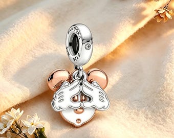 ディズニー ミッキーマウス ダブルチャームペンダント、ブレスレットやネックレス用チャーム、925スターリングシルバーチャーム、最高のギフト、パンドラ互換チャーム