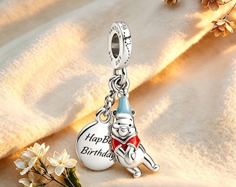 Pingente de aniversário do Ursinho Pooh da Disney, para pulseira ou colar, em prata de lei 925, ideal para presentear, compatível com Pandora.