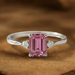 Emerald Cut Pink Tourmaline Ring in Sterling Silver, Three Stone Morganite Engagement Ring, Art Deco Pink Gemstone Anniversary Gift for Her