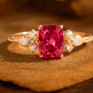 May include: A gold ring featuring a large, rectangular, vibrant pink gemstone as the centerpiece. The ring is adorned with smaller, clear gemstones on either side of the main stone, adding sparkle. The ring is set on a brown surface.