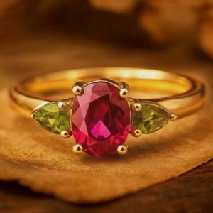 May include: Gold ring with a large oval ruby center stone and two pear-shaped green stones on either side. The ring is set on a brown surface. The text "GRIFFANY ATELIER" is at the top of the image.
