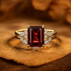 Emerald Cut Garnet Engagement Ring 14k Solid Gold Vintage Red Gemstone Ring Unique Cluster Diamond Ring Set January Birthstone Gift Her